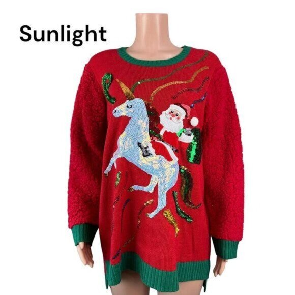 99 Jane Street Womens Red Santa Holiday Sequin Unicorn Hi-Low Sweater Top SZ 1X - Picture 1 of 15